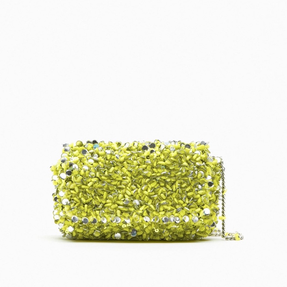 Zara green sequin clutch with shoulder chain